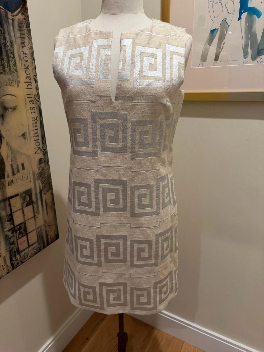 Tory Burch Cream Sleeveless Dress with Silver Greek Key Geometric Print
